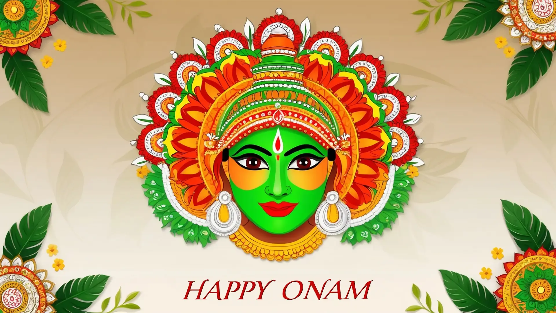 Happy Onam Card with Kathakali Mask Design Banner image